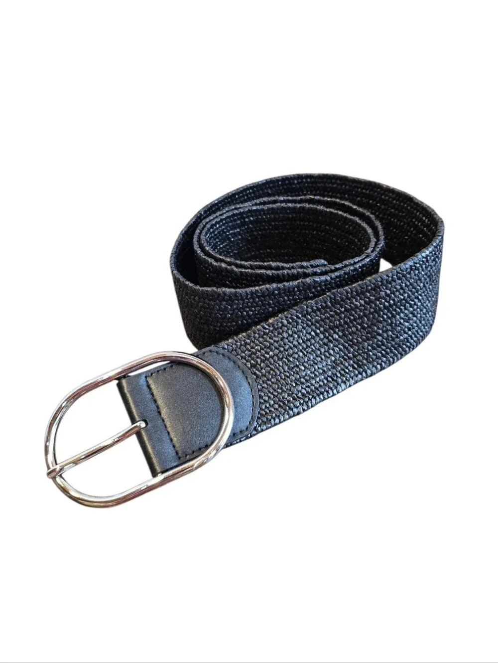 Black Raffia Stretch Silvertone Buckle Adjustable Belt